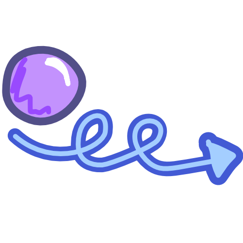 Above the start of a looping blue arrow is a purple sphere. The image has dark line art.